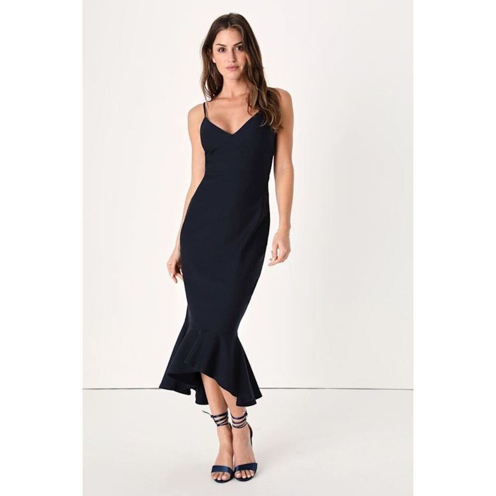 Lulus Stun Like Me Midnight Blue Bodycon Trumpet Hem Midi Dress - Size M